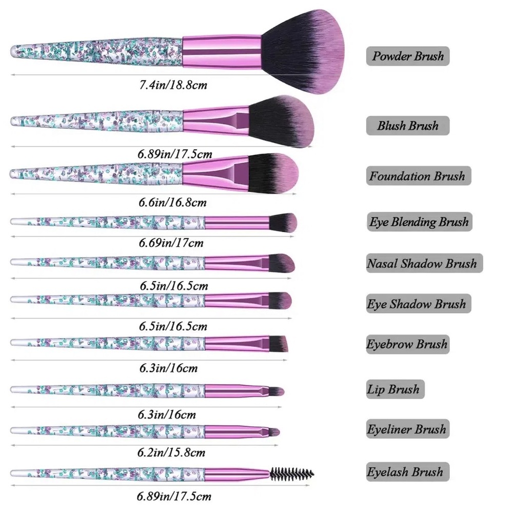 Ten Piece Makeup Brush Set with Glitter Handle Professional Full Coverage - Picture 9 of 11